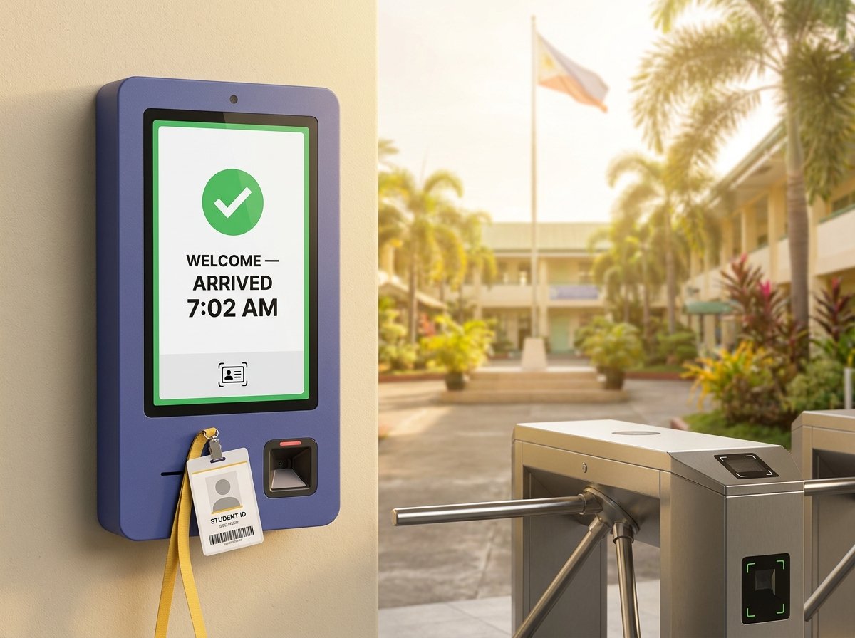 School gate check-in kiosk showing an arrival confirmation